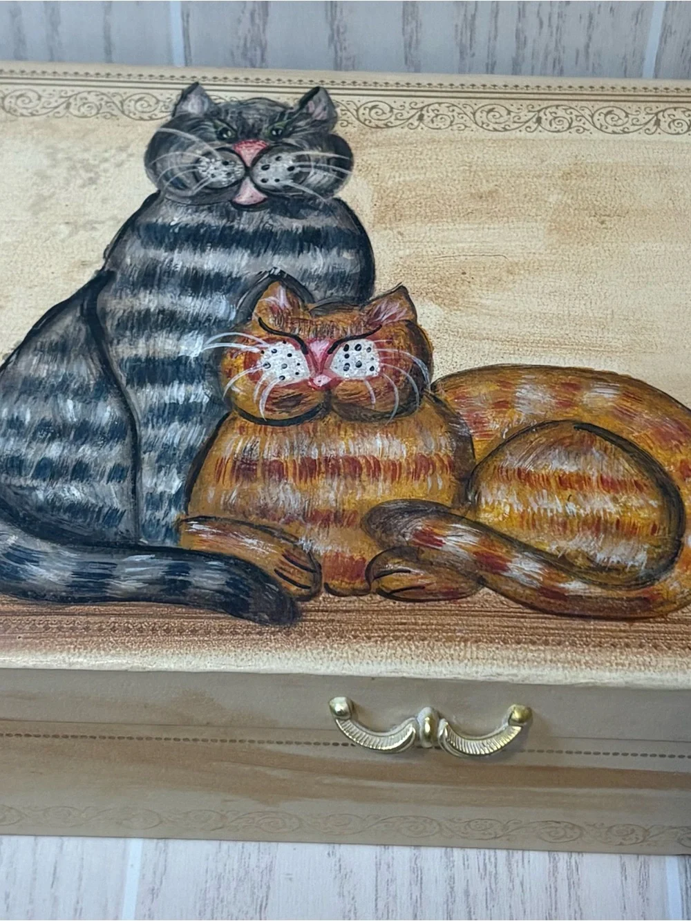 Vintage Jewelry Box Faux Leather Handpainted Cat Design